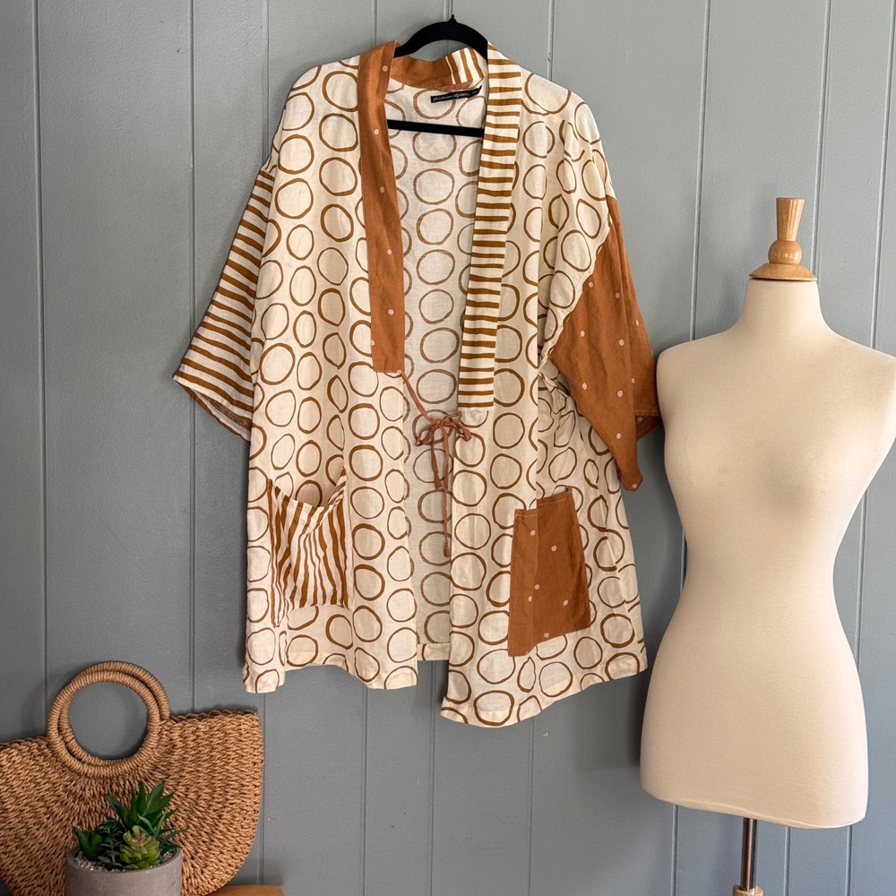 Gudrun Sjoden Women's Linen Kimono Duster Boho Cream Brown Circle Print L/XL